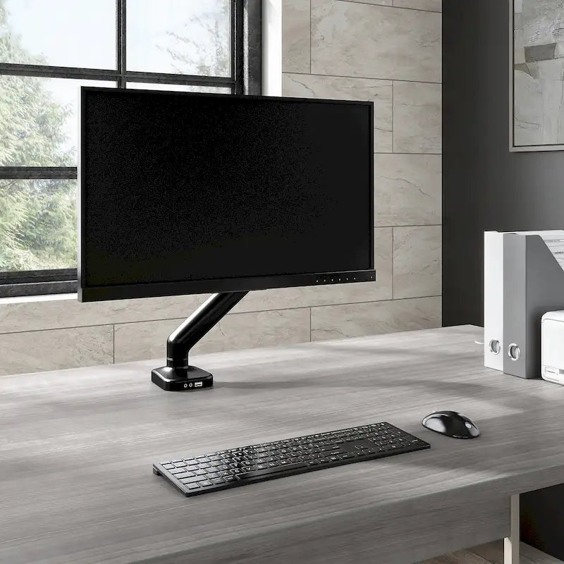 Support d'écran réglable avec ports USB et audio, écran simple, noir satiné