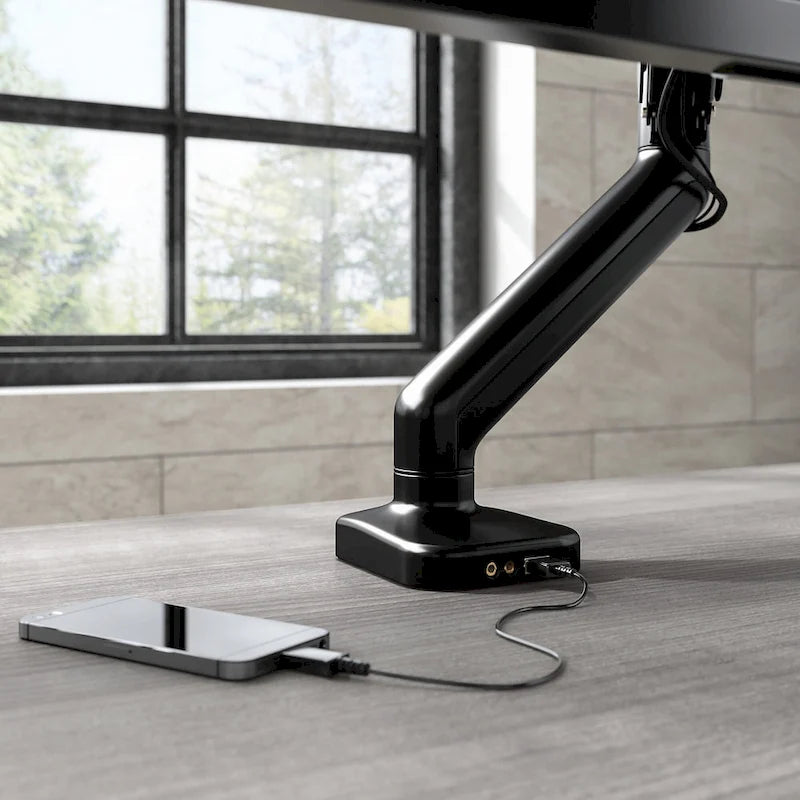 Support d'écran réglable avec ports USB et audio, écran simple, noir satiné