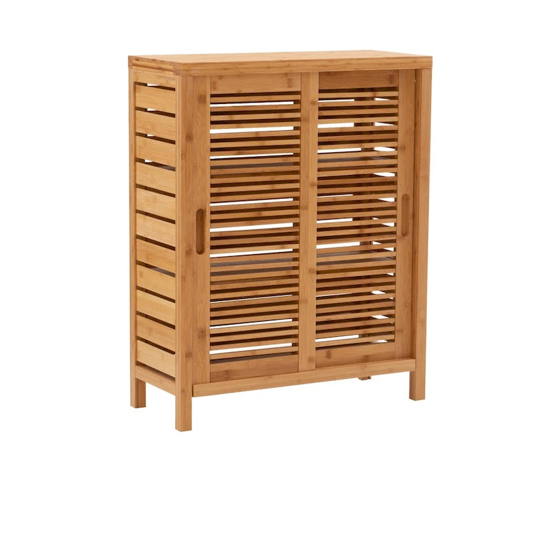 Meuble de rangement au sol en bambou avec double porte coulissante et étagères, marron