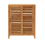 Meuble de rangement au sol en bambou avec double porte coulissante et étagères, marron
