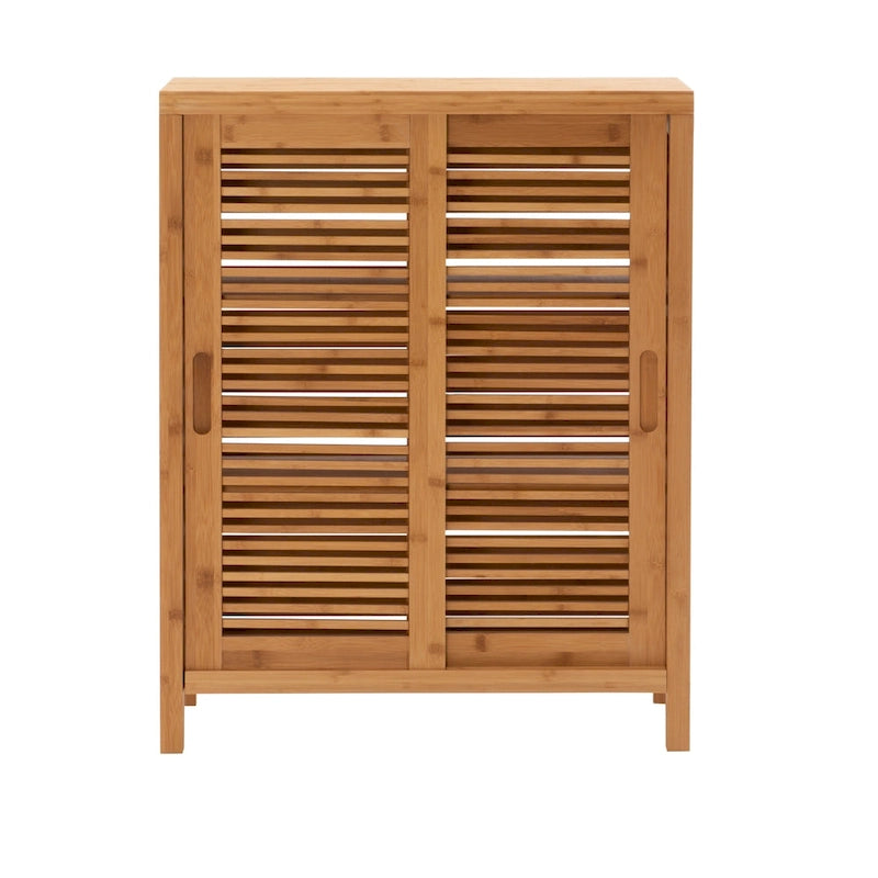 Meuble de rangement au sol en bambou avec double porte coulissante et étagères, marron