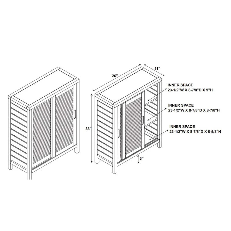 Meuble de rangement au sol en bambou avec double porte coulissante et étagères, marron