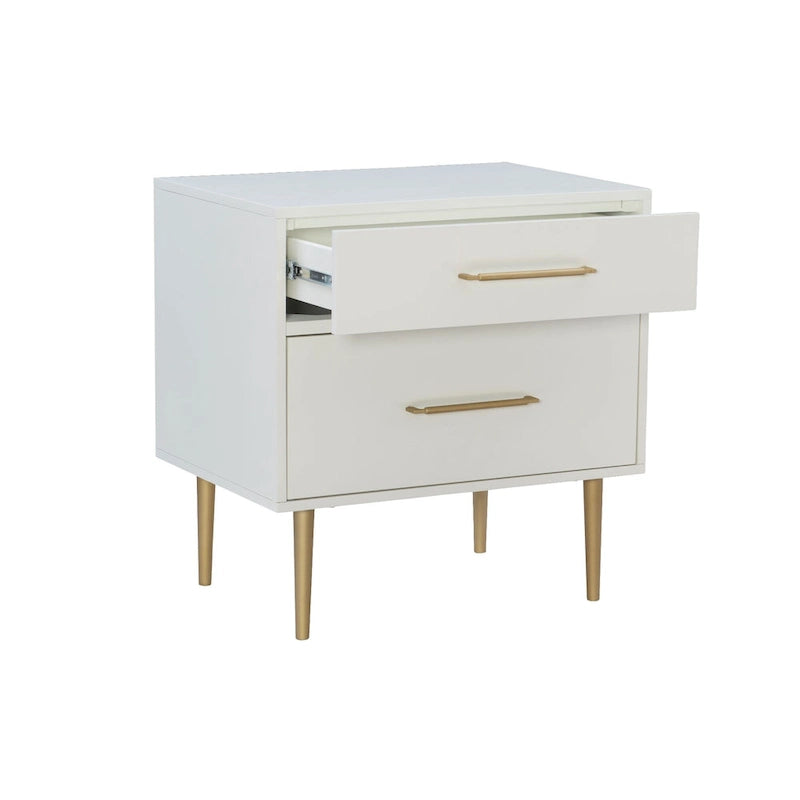 Table de chevet blanche à deux tiroirs avec poignées dorées et pieds en métal
