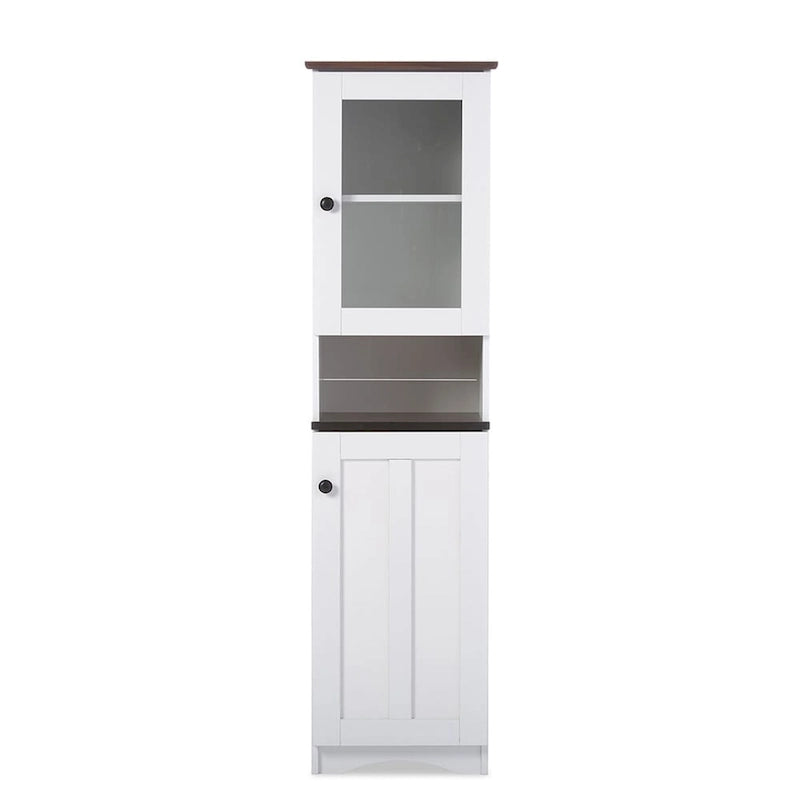 Meuble de rangement de cuisine bicolore en bois blanc et wengé avec porte vitrée