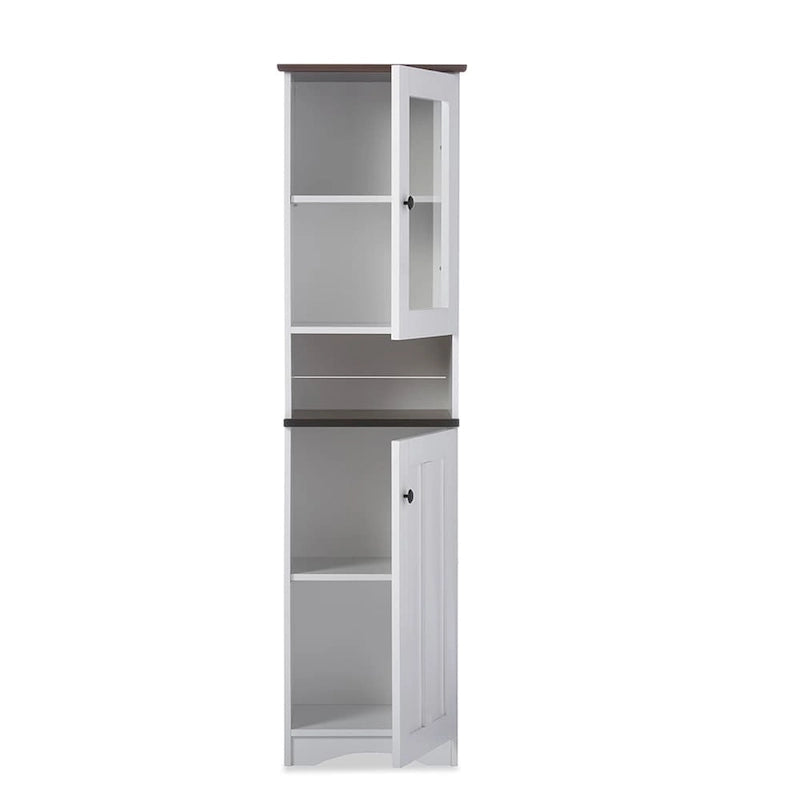 Meuble de rangement de cuisine bicolore en bois blanc et wengé avec porte vitrée