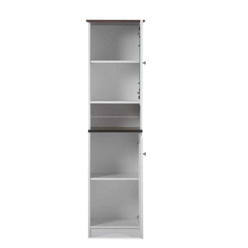 Meuble de rangement de cuisine bicolore en bois blanc et wengé avec porte vitrée