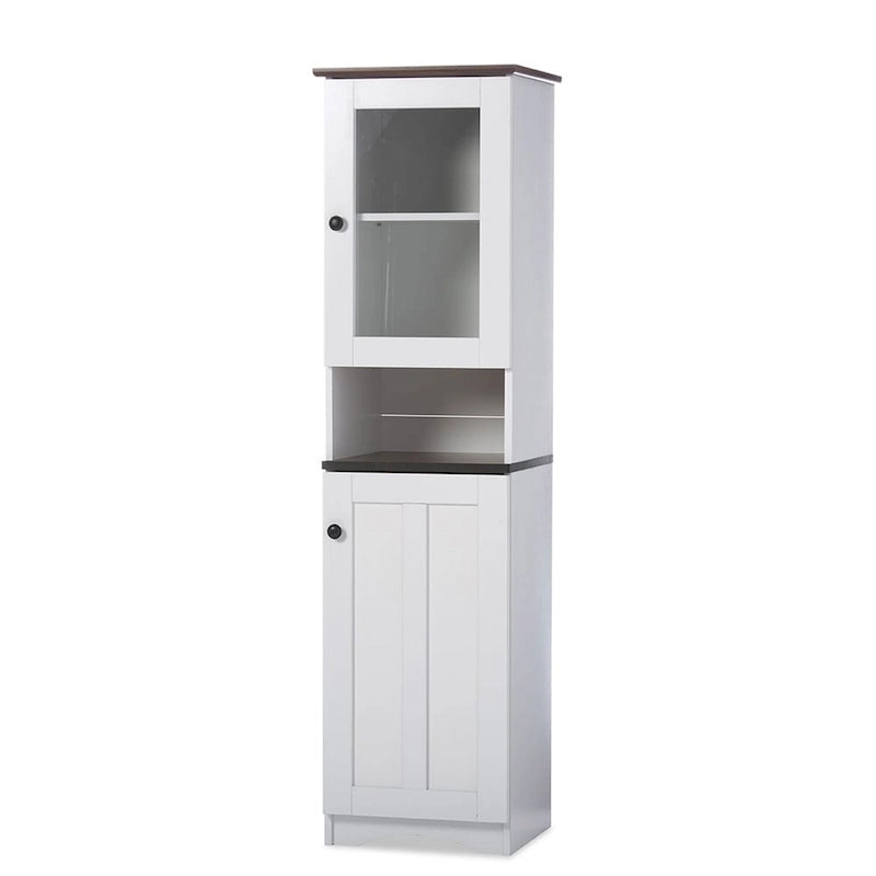 Meuble de rangement de cuisine bicolore en bois blanc et wengé avec porte vitrée