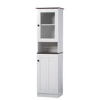 Meuble de rangement de cuisine bicolore en bois blanc et wengé avec porte vitrée