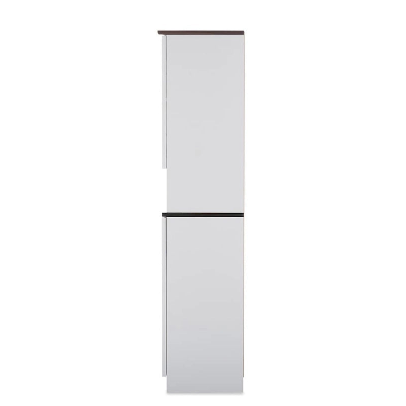 Meuble de rangement de cuisine bicolore en bois blanc et wengé avec porte vitrée