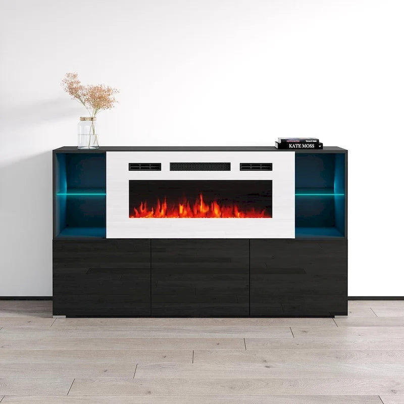 Buffet de cheminée électrique de 63 pouces avec étagères ouvertes et finition brillante
