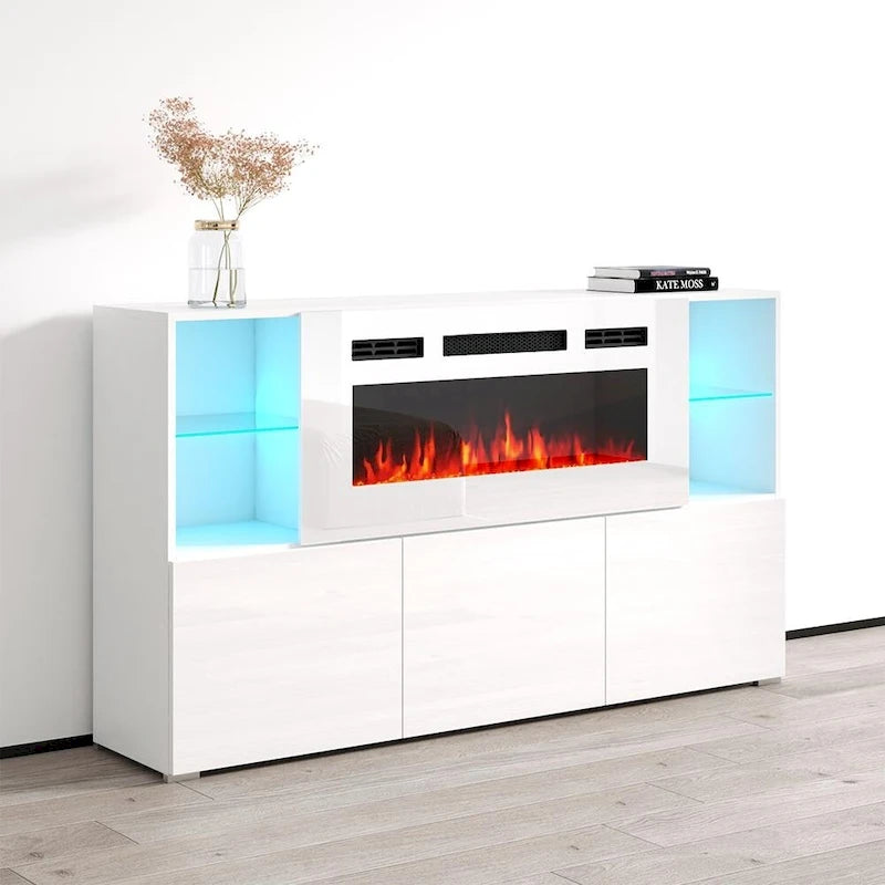 Buffet de cheminée électrique de 63 pouces avec étagères ouvertes et finition brillante