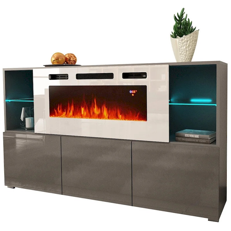 Buffet de cheminée électrique de 63 pouces avec étagères ouvertes et finition brillante