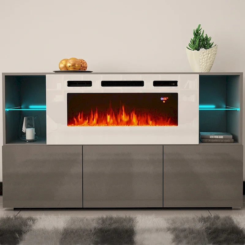 Buffet de cheminée électrique de 63 pouces avec étagères ouvertes et finition brillante