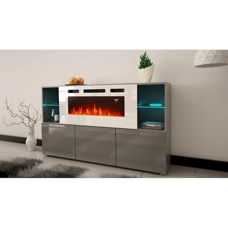 Buffet de cheminée électrique de 63 pouces avec étagères ouvertes et finition brillante