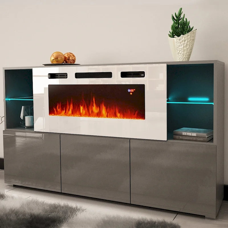 Buffet de cheminée électrique de 63 pouces avec étagères ouvertes et finition brillante