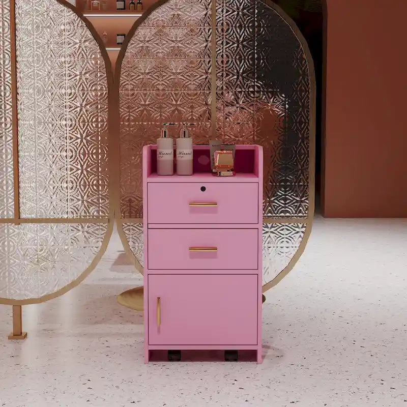 Meuble de rangement de salon rose et noir à tiroirs et porte verrouillable