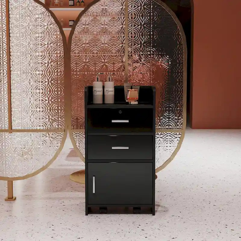Meuble de rangement de salon rose et noir à tiroirs et porte verrouillable
