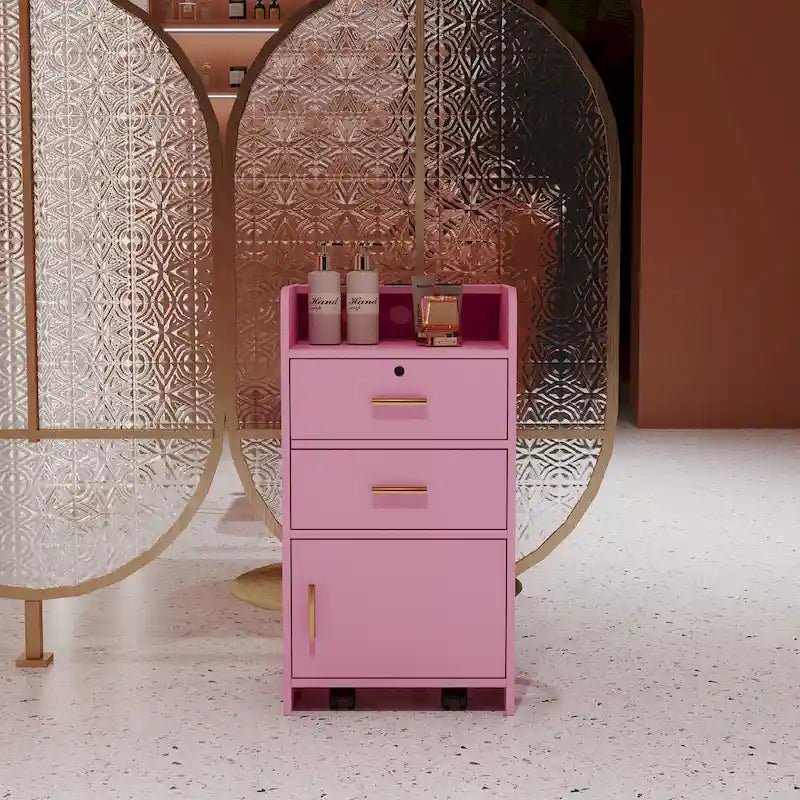 Meuble de rangement de salon rose et noir à tiroirs et porte verrouillable