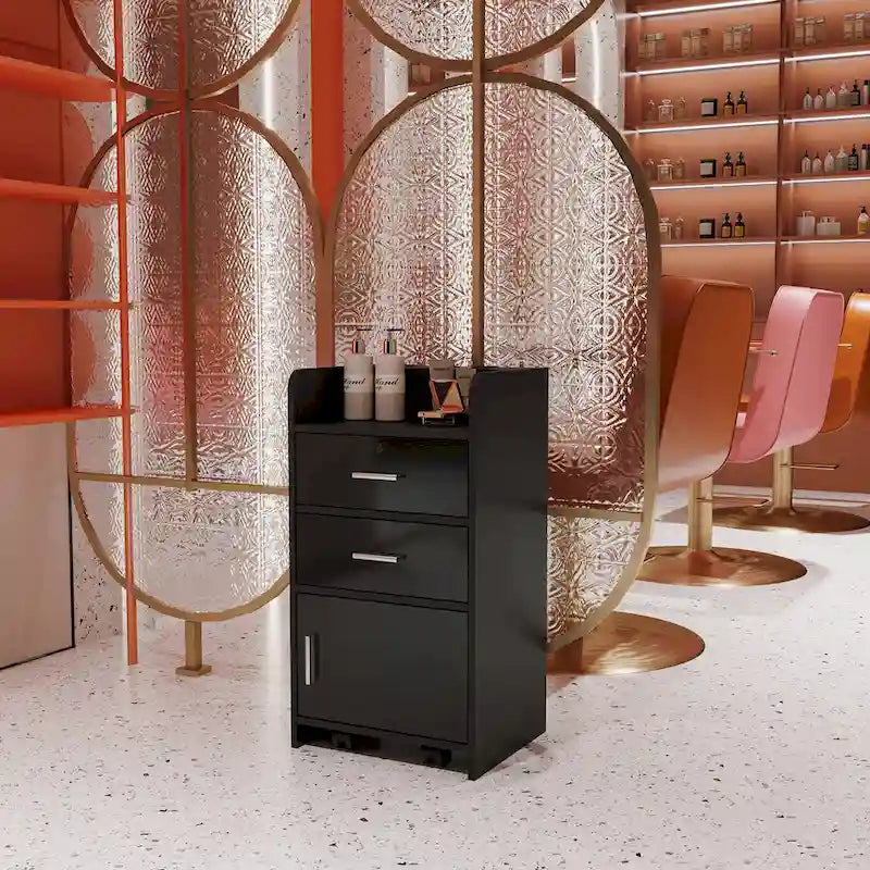 Meuble de rangement de salon rose et noir à tiroirs et porte verrouillable