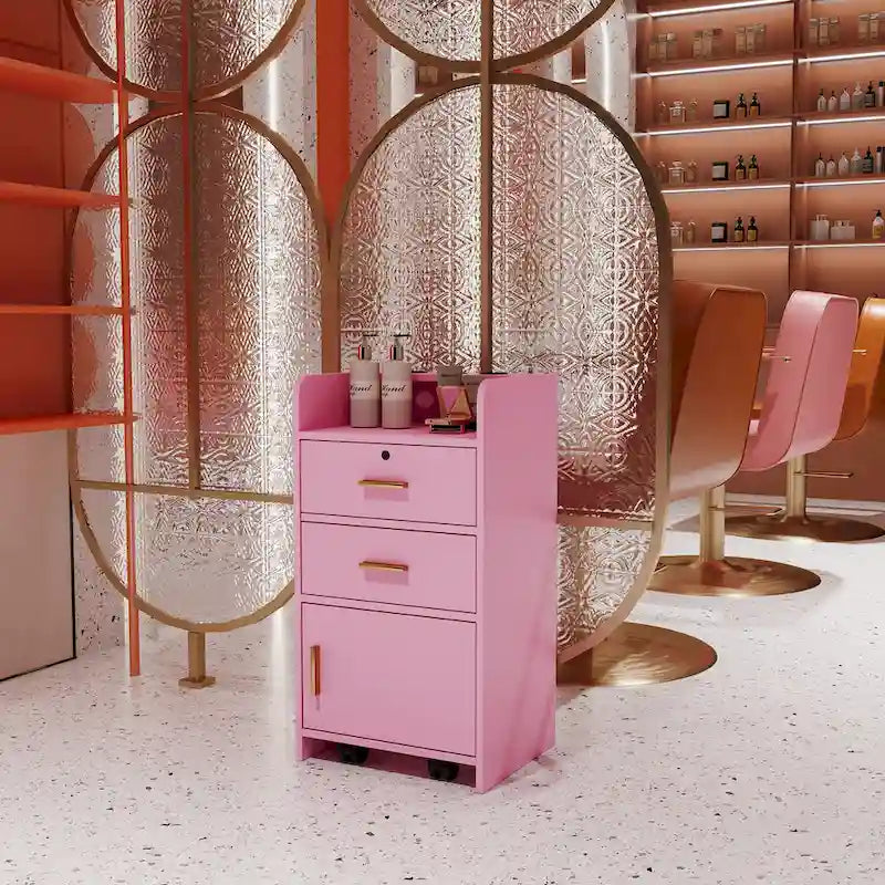 Meuble de rangement de salon rose et noir à tiroirs et porte verrouillable