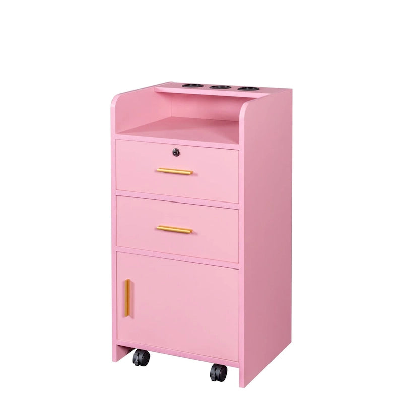 Meuble de rangement de salon rose et noir à tiroirs et porte verrouillable