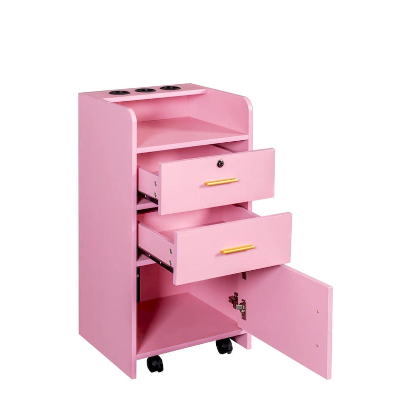 Meuble de rangement de salon rose et noir à tiroirs et porte verrouillable
