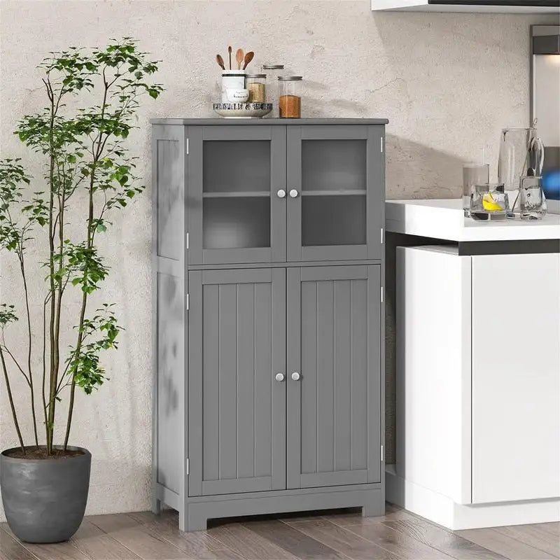 Meuble de rangement de salle de bain sur pied avec portes en verre dépoli, Gris