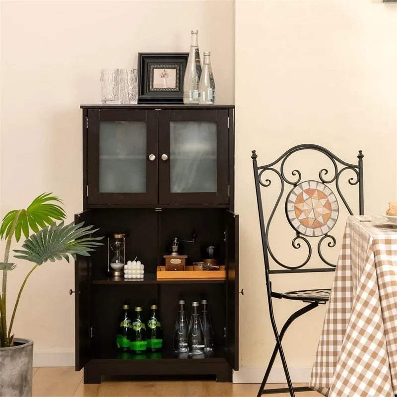 Meuble de rangement de salle de bain sur pied avec portes en verre dépoli, Gris