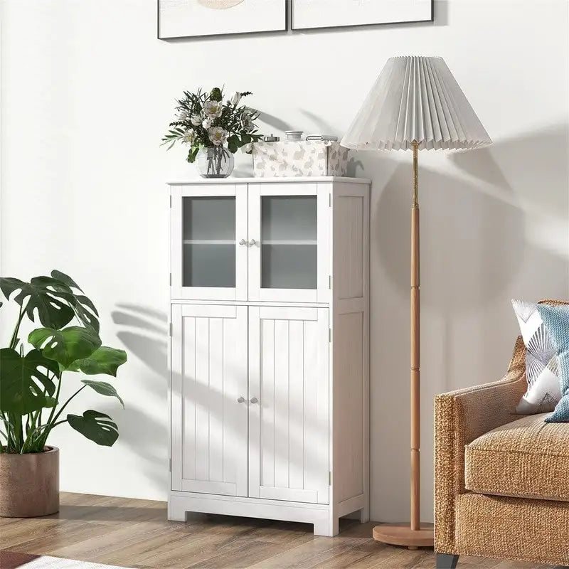 Meuble de rangement de salle de bain sur pied avec portes en verre dépoli, Gris