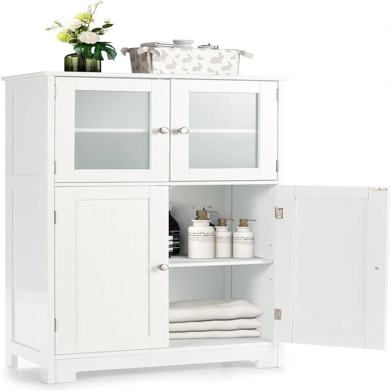 Meuble de rangement de salle de bain sur pied avec portes en verre dépoli, Gris