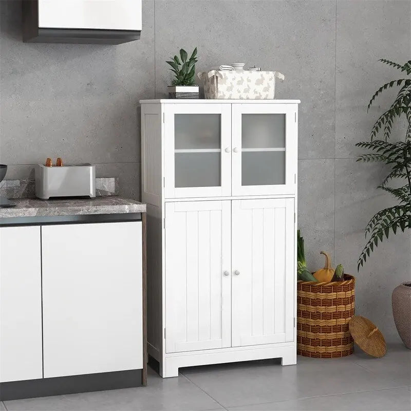 Meuble de rangement de salle de bain sur pied avec portes en verre dépoli, Gris