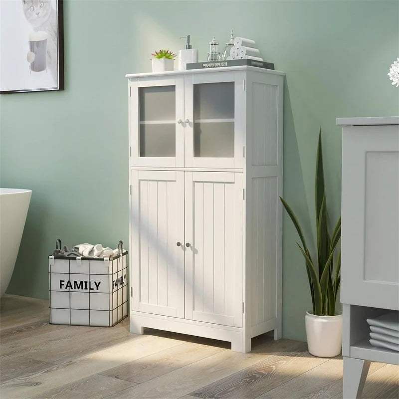 Meuble de rangement de salle de bain sur pied avec portes en verre dépoli, Gris