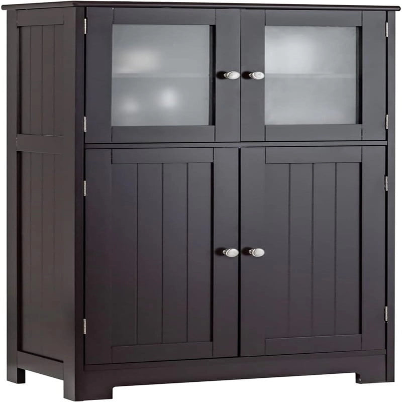 Meuble de rangement de salle de bain sur pied avec portes en verre dépoli, Gris