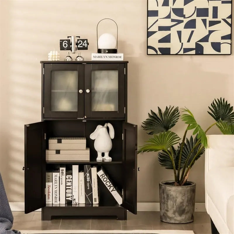 Meuble de rangement de salle de bain sur pied avec portes en verre dépoli, Gris