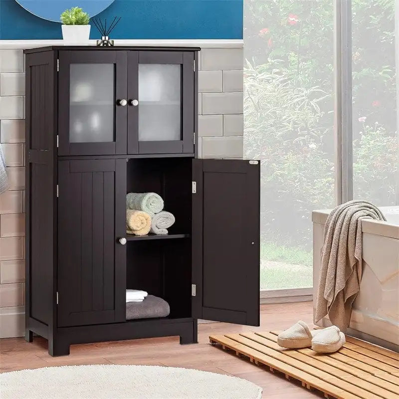 Meuble de rangement de salle de bain sur pied avec portes en verre dépoli, Gris