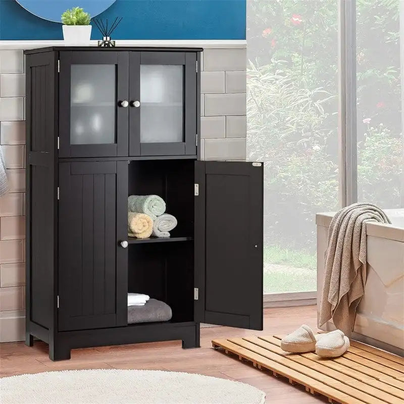 Meuble de rangement de salle de bain sur pied avec portes en verre dépoli, Gris