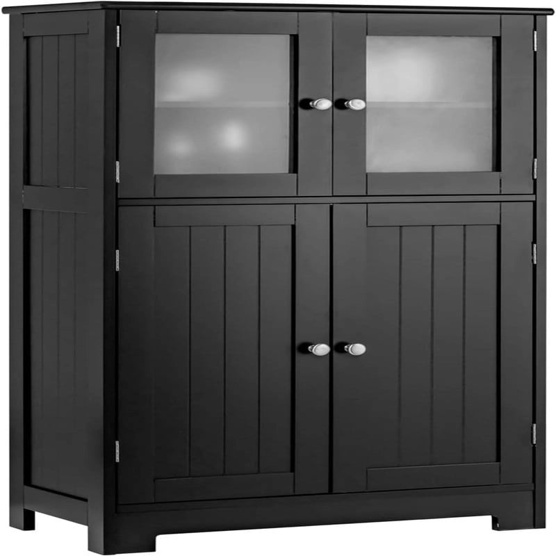 Meuble de rangement de salle de bain sur pied avec portes en verre dépoli, Gris