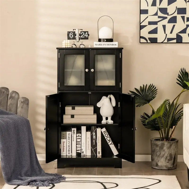 Meuble de rangement de salle de bain sur pied avec portes en verre dépoli, Gris