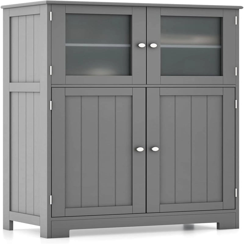 Meuble de rangement de salle de bain sur pied avec portes en verre dépoli, Gris