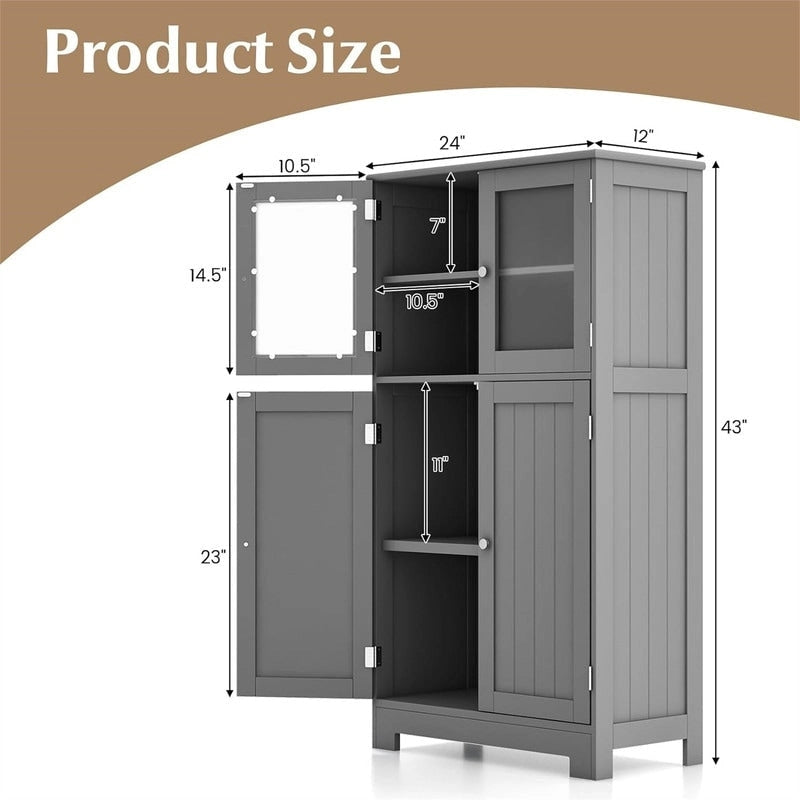 Meuble de rangement de salle de bain sur pied avec portes en verre dépoli, Gris