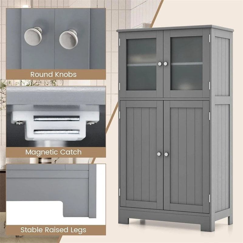 Meuble de rangement de salle de bain sur pied avec portes en verre dépoli, Gris