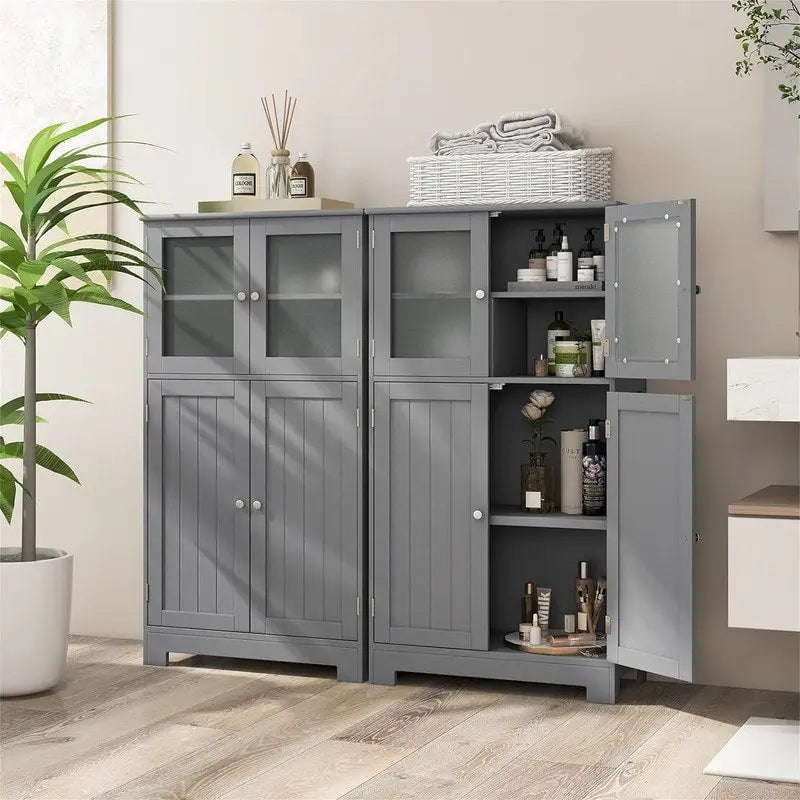Meuble de rangement de salle de bain sur pied avec portes en verre dépoli, Gris