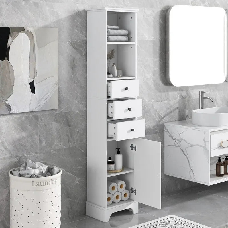 Meuble de rangement de salle de bain autoportant blanc haut avec tiroirs et étagère réglable