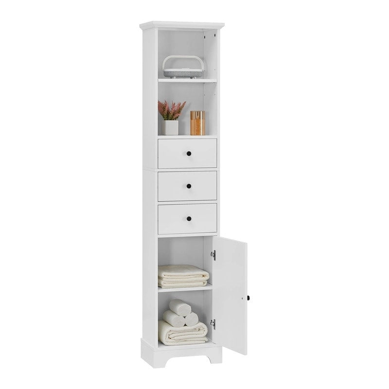 Meuble de rangement de salle de bain autoportant blanc haut avec tiroirs et étagère réglable