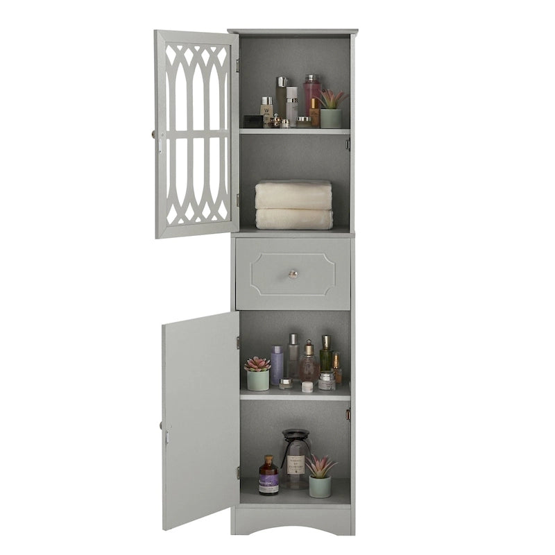 Meuble de Rangement Haut Autoportant pour Salle de Bain avec Porte à Treillis et Tiroir