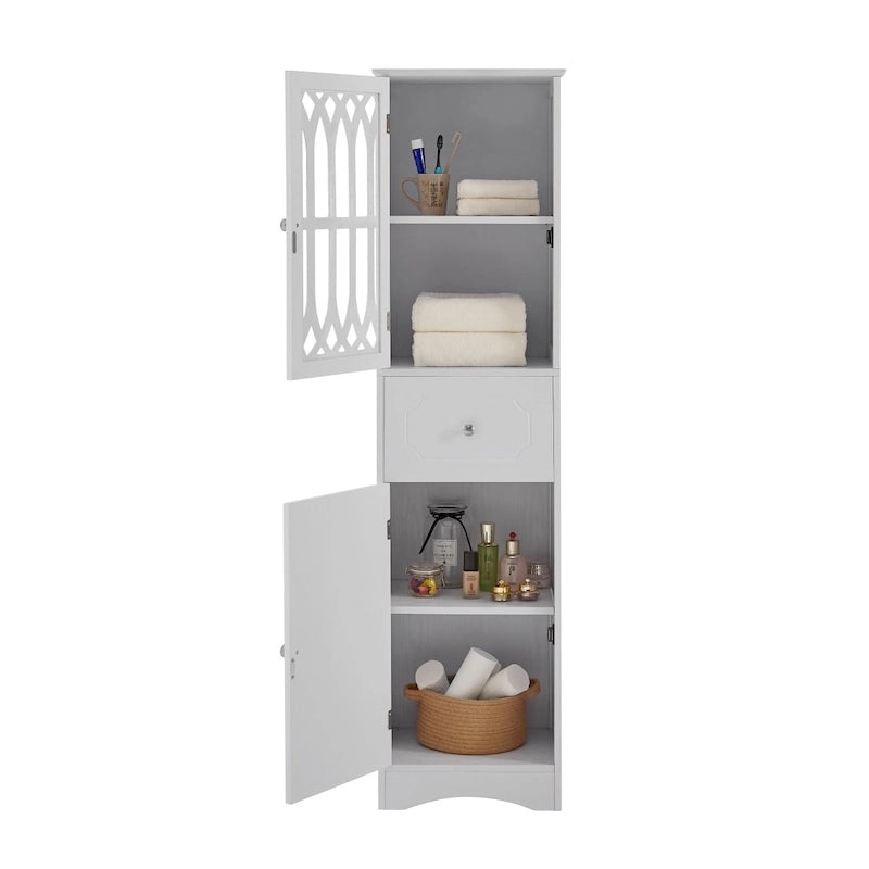 Meuble de Rangement Haut Autoportant pour Salle de Bain avec Porte à Treillis et Tiroir