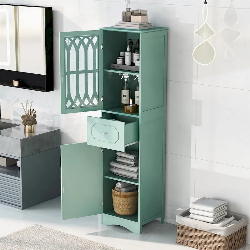Meuble de Rangement Haut Autoportant pour Salle de Bain avec Porte à Treillis et Tiroir