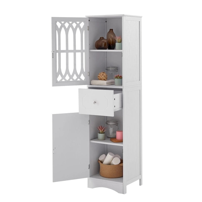 Meuble de Rangement Haut Autoportant pour Salle de Bain avec Porte à Treillis et Tiroir