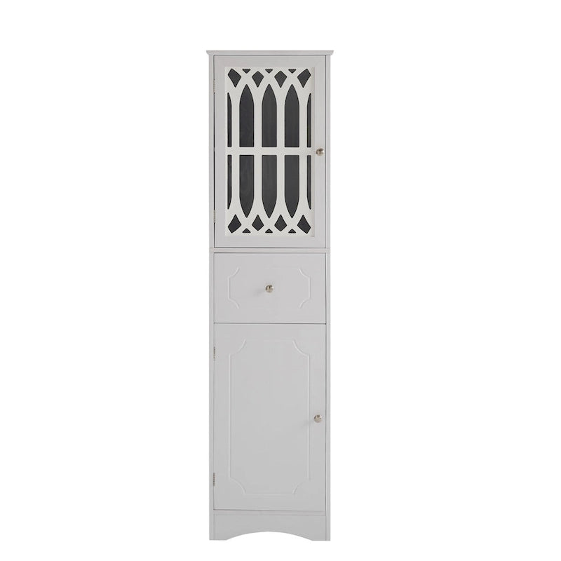 Meuble de Rangement Haut Autoportant pour Salle de Bain avec Porte à Treillis et Tiroir