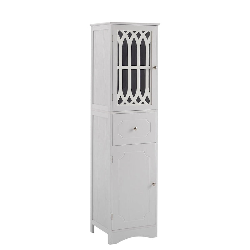 Meuble de Rangement Haut Autoportant pour Salle de Bain avec Porte à Treillis et Tiroir